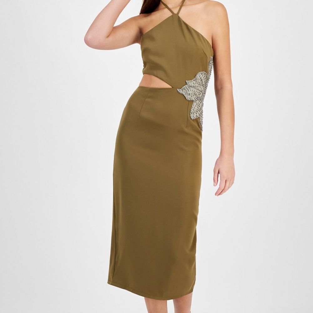 Avec Les Filles One Shoulder Olive Dress with Silver Detail - Picture 6 of 10